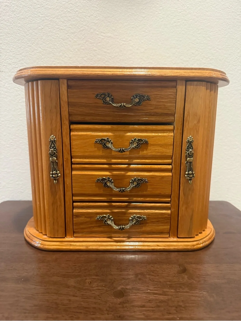 Wooden Jewelry Organizer Chest in Light Brown with Antique Brass Hardware